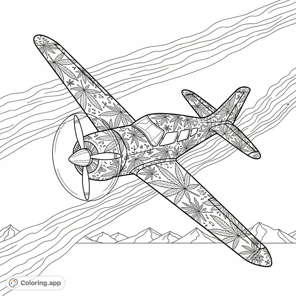 A unique single-engine aircraft, intricately patterned with cannabis leaves, soars across a vast sky with elegant vapor trails and distant mountains.