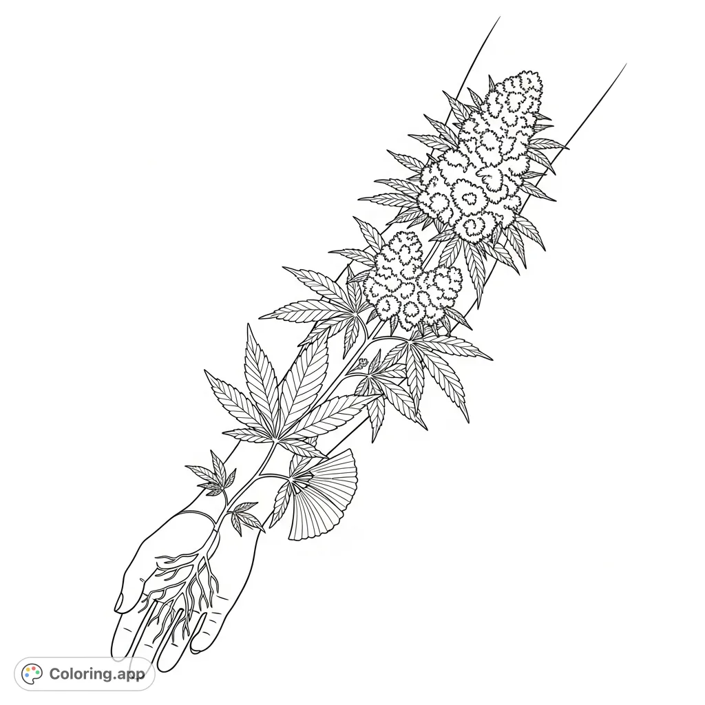 Explore the intricate lifecycle of a cannabis plant, from roots to resinous flowers, depicted as a continuous botanical study across a limb. A detailed adult coloring page.