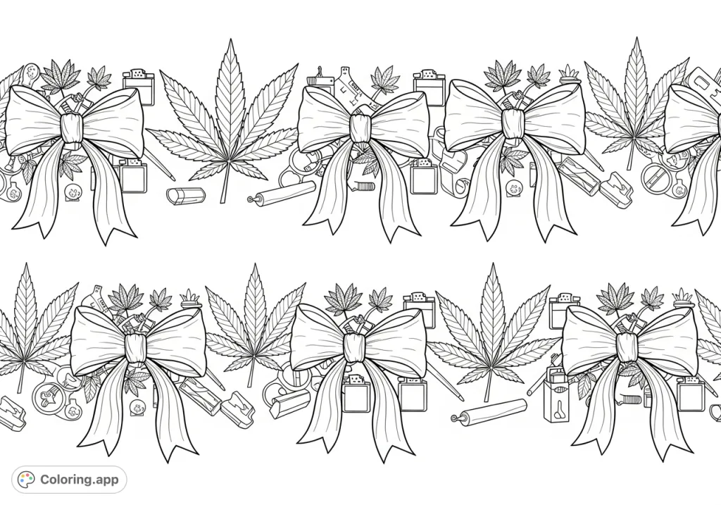 An intricate decorative border pattern featuring stylized bows, detailed marijuana leaves with prominent veins, and small accessories like lighters and rolling papers.