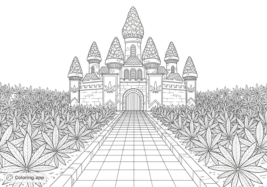 Explore a fantastical cannabis castle with bud-capped turrets, stylized leaf gardens, and a grand entrance flanked by bold cannabis leaf banners. A unique adult coloring page.