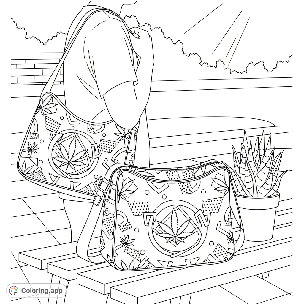 Explore a detailed cannabis leaf pattern coloring page featuring two stylish shoulder bags, a succulent plant, and a relaxing outdoor patio scene.
