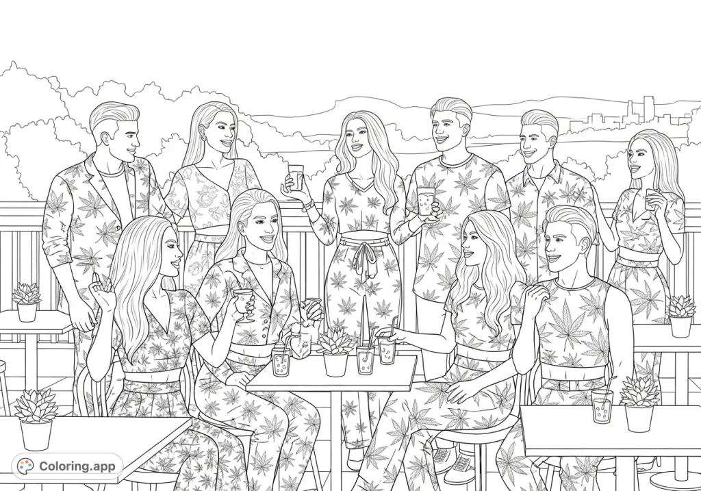 Friends socialize at a vibrant outdoor cafe, showcasing stylish two-piece outfits adorned with intricate cannabis leaf patterns. A unique and detailed scene.