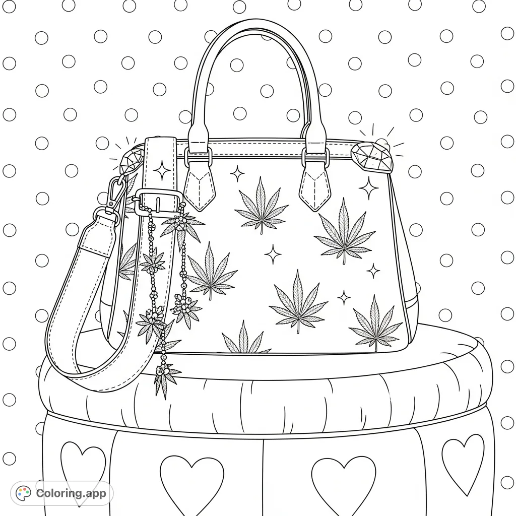 Discover a detailed cannabis handbag coloring page with leaf patterns, faux diamonds, and charms, resting on a velvet ottoman with playful designs.