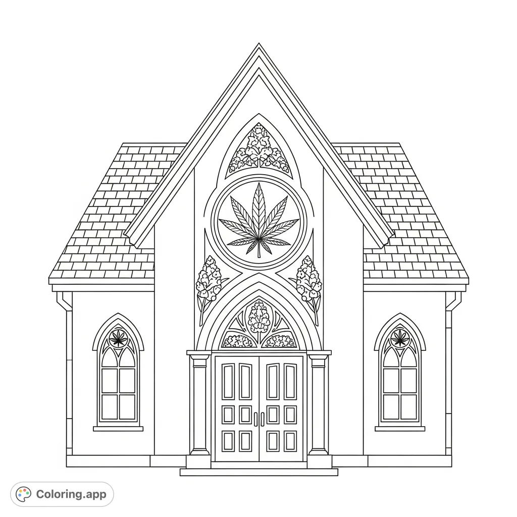 Explore a unique cannabis-themed church entrance coloring page. Features a gable-end design with subtle cannabis leaf motifs integrated into the architecture for a distinctive look.
