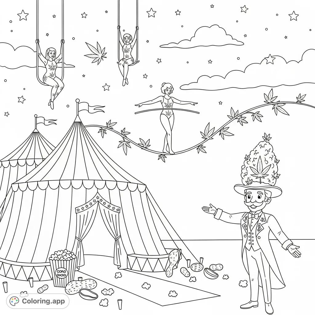 Step into a unique circus under a star-dusted sky, featuring performers with cannabis leaf patterns and a ringmaster with a cannabis bud top hat.