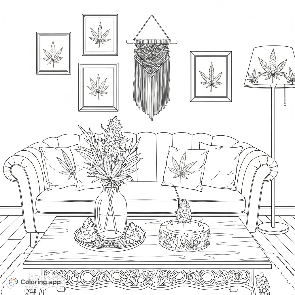 Discover a detailed cannabis-themed living room interior featuring an elegant sofa, botanical prints, and unique decor. Perfect for adult colorists!