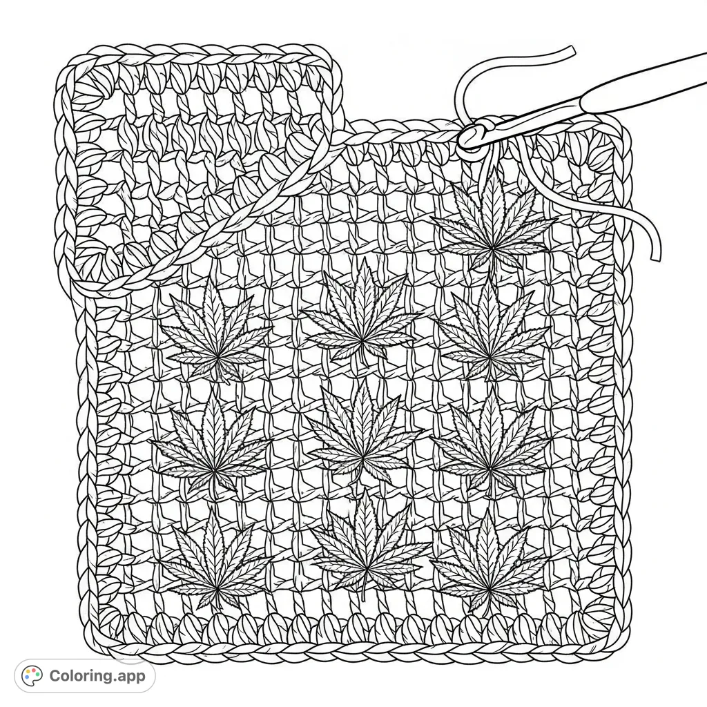 An intricate square-shaped crocheted piece with a repeating cannabis pattern, showcasing textured stitches and a crochet hook forming a new loop. Perfect for adult craft enthusiasts.