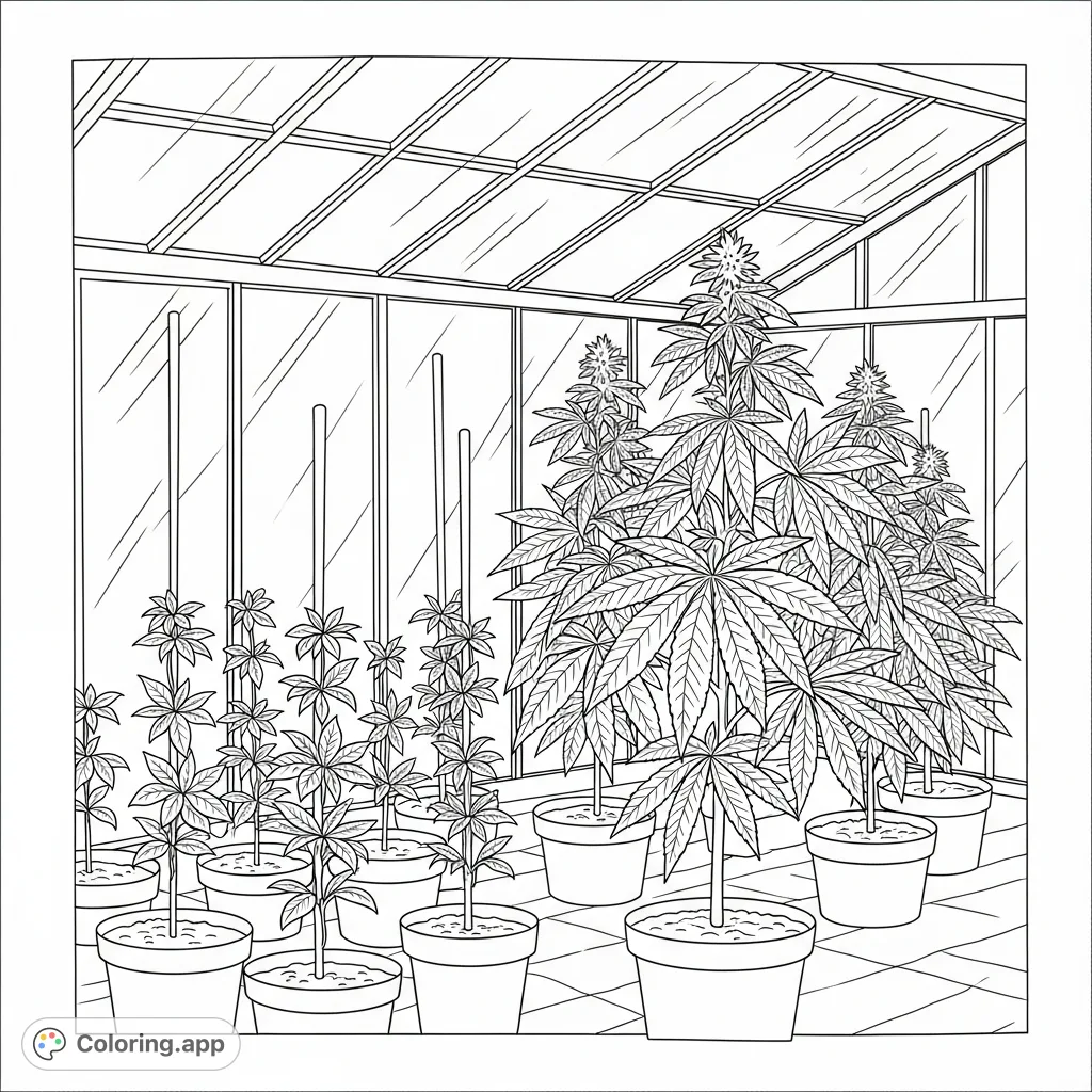 Explore a detailed cannabis plant coloring page, featuring various growth stages from seedlings to mature plants within a simple, sunlit greenhouse setting.