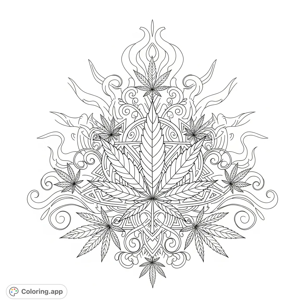 An intricate marijuana decorations coloring page featuring stylized cannabis leaves intertwined with elegant vines, floral shapes, and geometric patterns for adult relaxation.