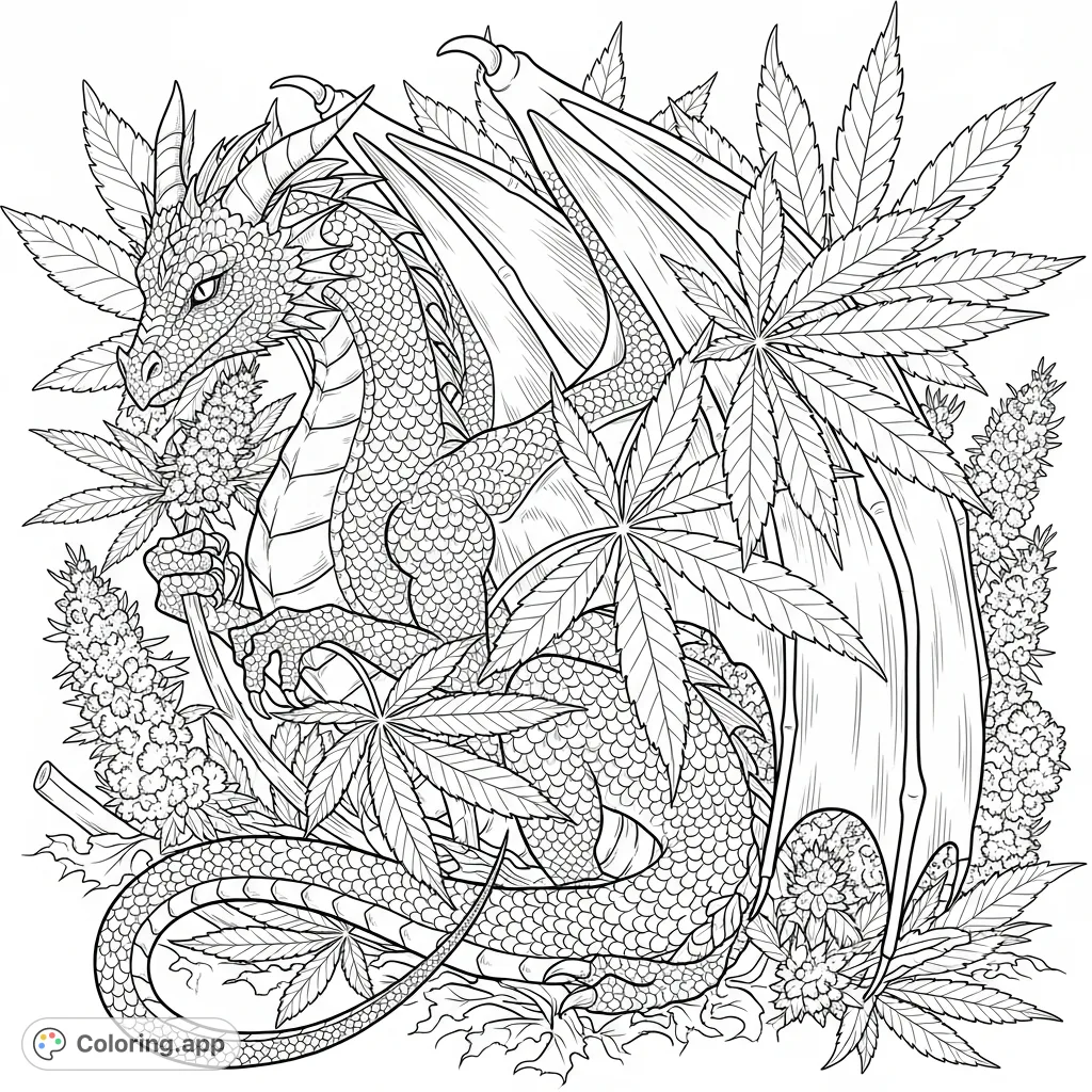 A majestic dragon nestled among lush cannabis foliage, featuring intricate scales and detailed leaves. A unique fantasy cannabis coloring page.