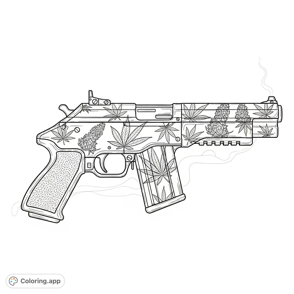 An intricate coloring page featuring a highly detailed firearm adorned with sophisticated cannabis leaf and bud engravings, perfect for adult colorists.