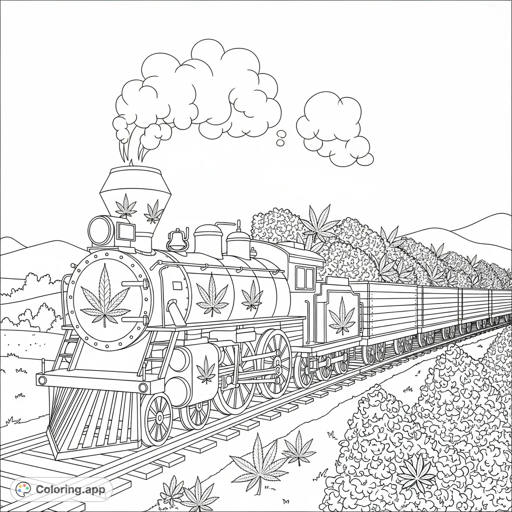 A detailed cannabis-themed train journeys through a plant-filled landscape. Explore intricate leaf patterns, abundant buds, and creative smoke shapes. Perfect for enthusiasts.