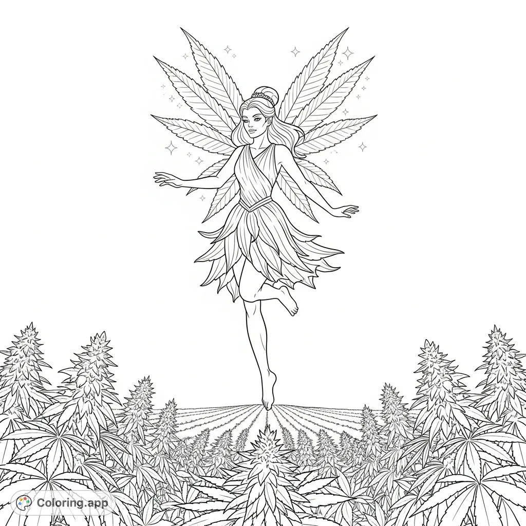 A graceful cannabis fairy with intricately shaped leaf wings hovers above a field of lush plants. A mystical scene offering a serene yet powerful presence for adult colorists.