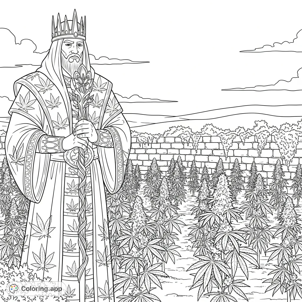 A powerful ruler in cannabis leaf robes overlooks a vast cannabis farm under a grand sky. An intricate adult coloring page, perfect for detailed work.