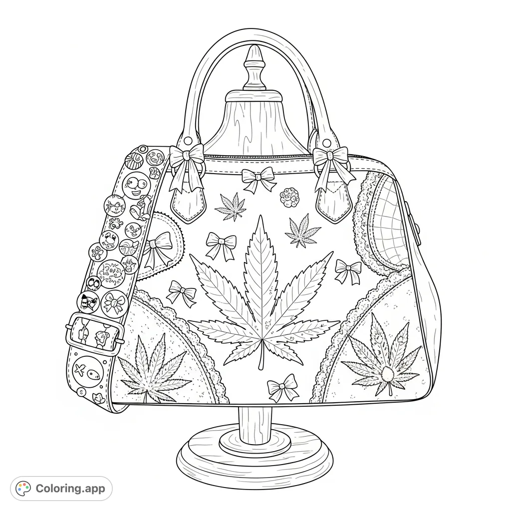 Discover a chic handbag adorned with cannabis leaf motifs, shimmering patches, lace, and playful pins, resting on a vintage wooden stand. A unique fashion statement.