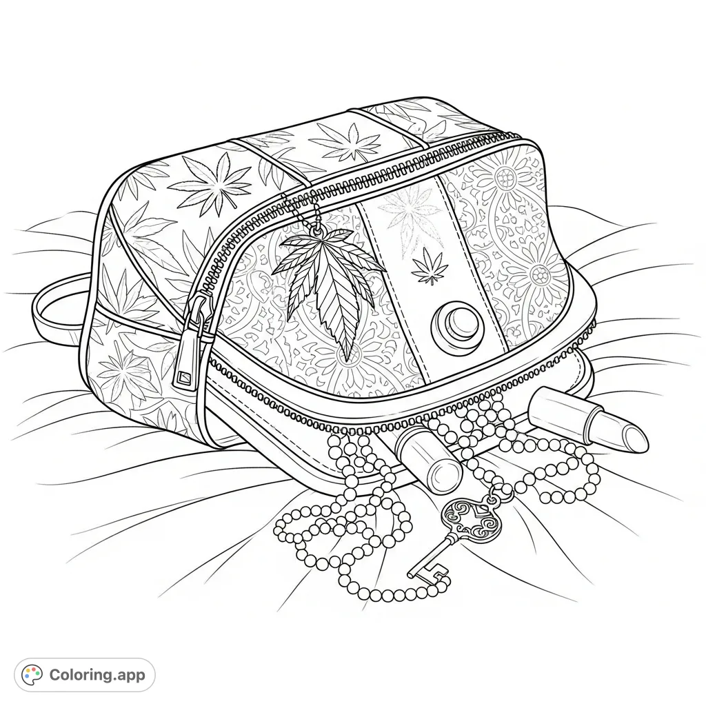 A sophisticated purse featuring stylized cannabis flower emblems and intricate patterns. Delicate personal items spill out, surrounded by beads and a chain.