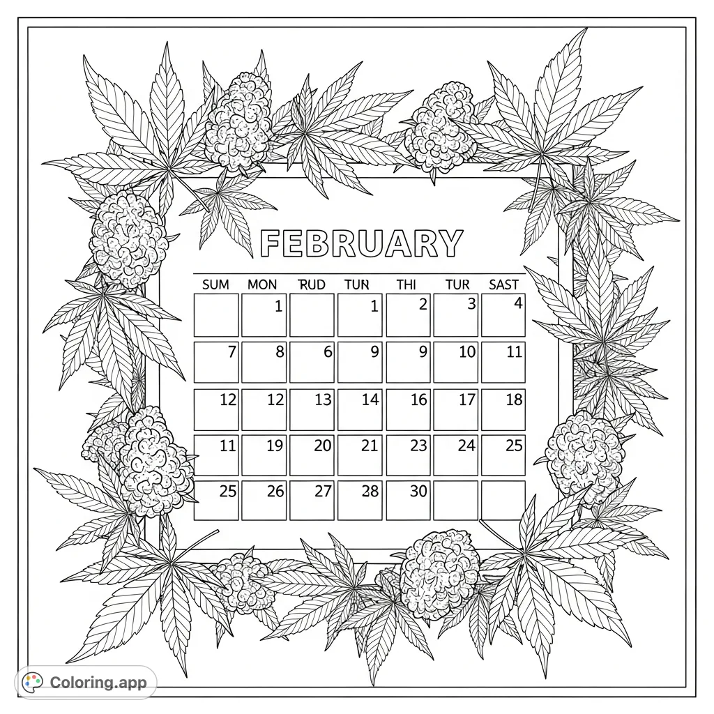 Detailed February calendar adorned with cannabis leaves and buds, perfect for personalizing your month with unique plant-inspired art. A unique adult coloring page.