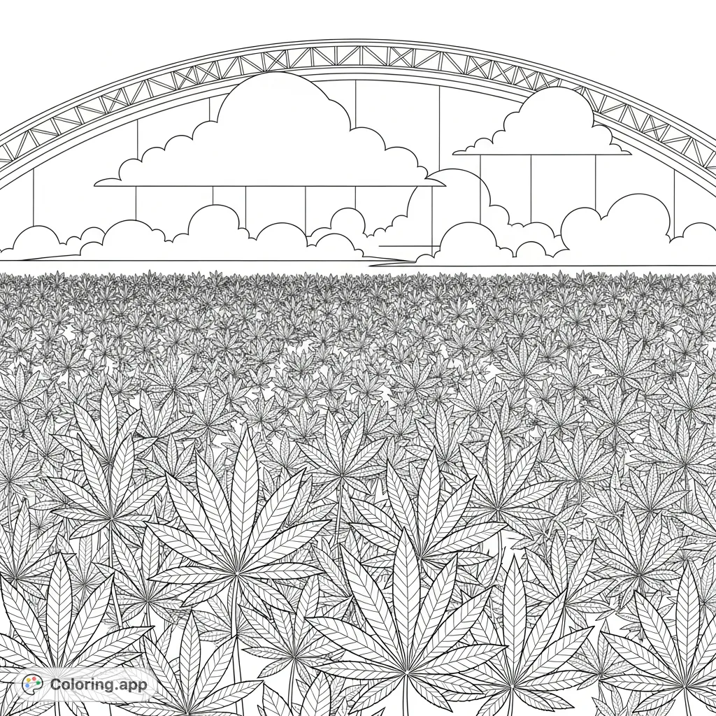 Discover a serene cannabis field under a majestic sky-spanning arch. This detailed adult coloring page offers relaxation and a vibrant canvas for your creativity.