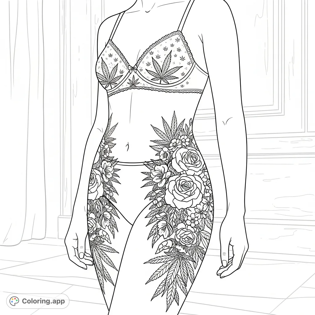 An intricate cannabis floral coloring page featuring a female figure adorned with delicate lace cannabis patterns and a cascading botanical arrangement of leaves and blossoms.