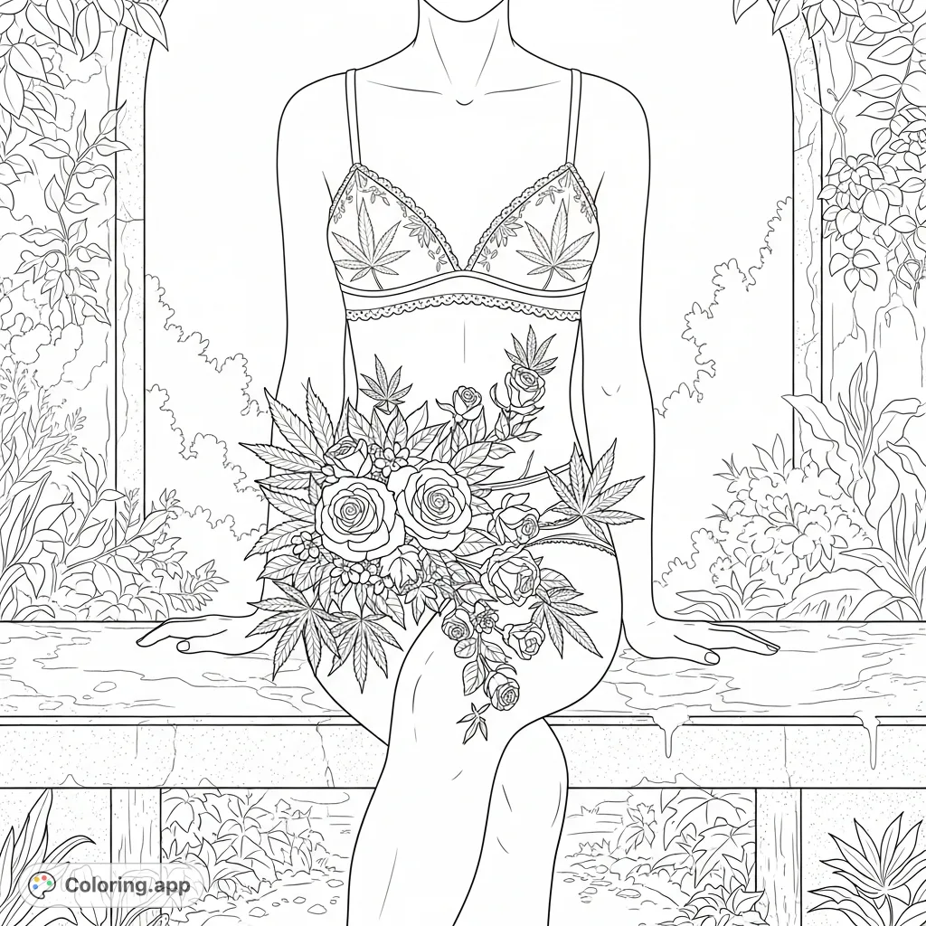 An elegant female figure on a stone bench, adorned with a delicate lace cannabis undergarment and intricate cannabis floral body art, set in a tranquil garden.