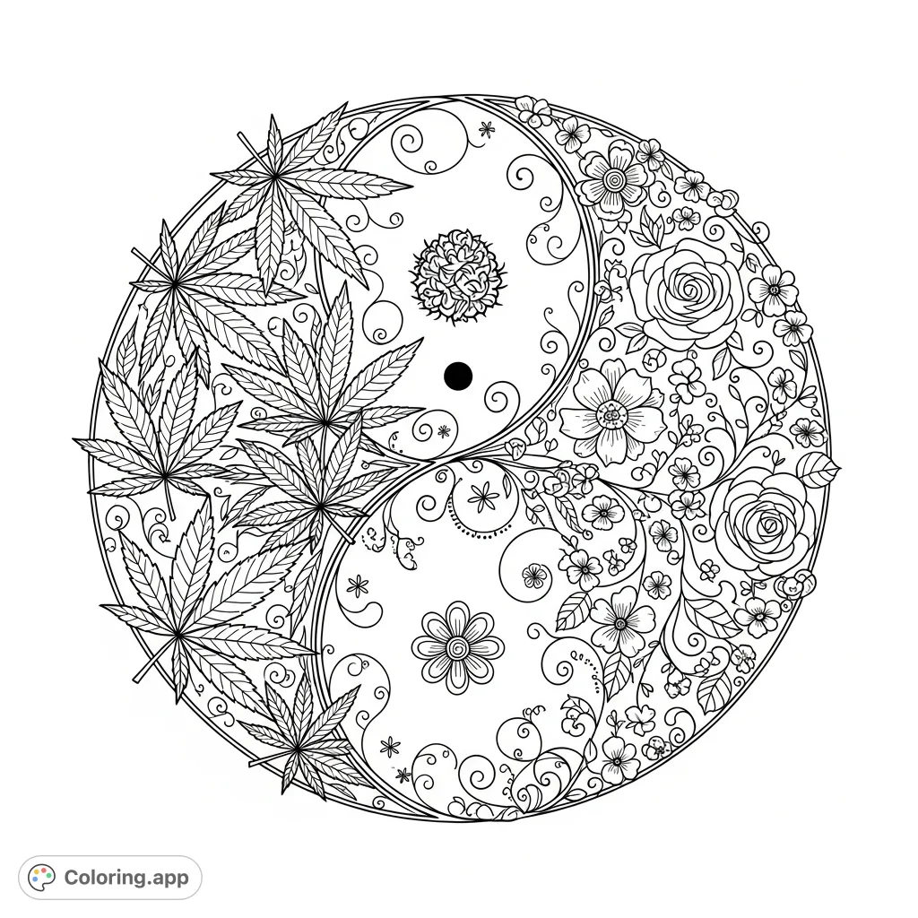An elegant cannabis and floral Yin Yang coloring page, blending natural leaf textures with delicate blossoms and swirling patterns for a unique aesthetic.
