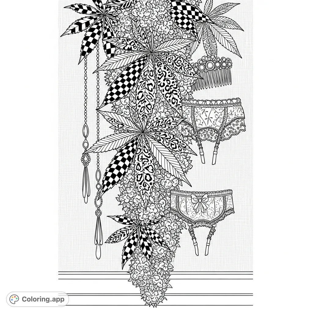 A detailed coloring page featuring a lavish cascade of cannabis leaves and buds adorned with elegant jewelry, set against a subtly textured wall, creating a sophisticated boudoir scene.