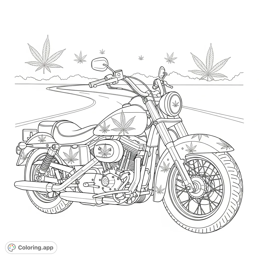 An iconic Harley Davidson motorcycle adorned with intricate cannabis leaf patterns, merging classic design with a unique botanical theme. A striking adult coloring page.
