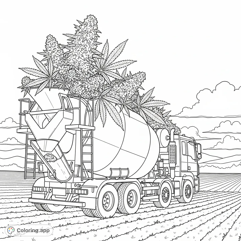 A powerful cement truck holds an abundant harvest of cannabis plants in its mixer drum, set against a vast agricultural field with rolling hills under an open sky.