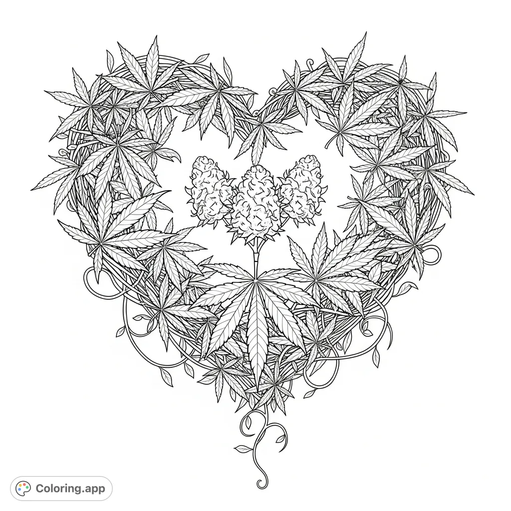 A beautifully detailed heart crafted from cannabis leaves and stems, featuring delicate buds and trailing vines. Perfect for botanical enthusiasts and adult colorists.