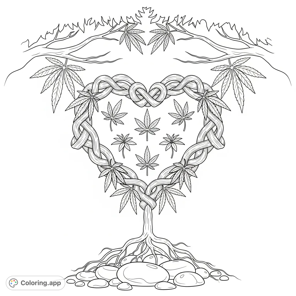 Explore a unique cannabis plant, featuring a heart-shaped crown of woven leaves, delicate seedlings, and roots embracing river stones under a dappled canopy.