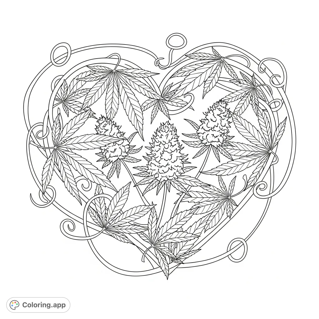 An intricate cannabis heart, composed of twisting stalks, veined leaves, and bursting flowers, framed by a delicate spiraling tendril. A detailed adult coloring page.