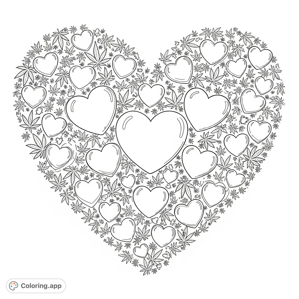 A unique design featuring numerous individual cannabis leaves shaped into small hearts, forming a larger heart outline with smooth heart-shaped cushions inside.