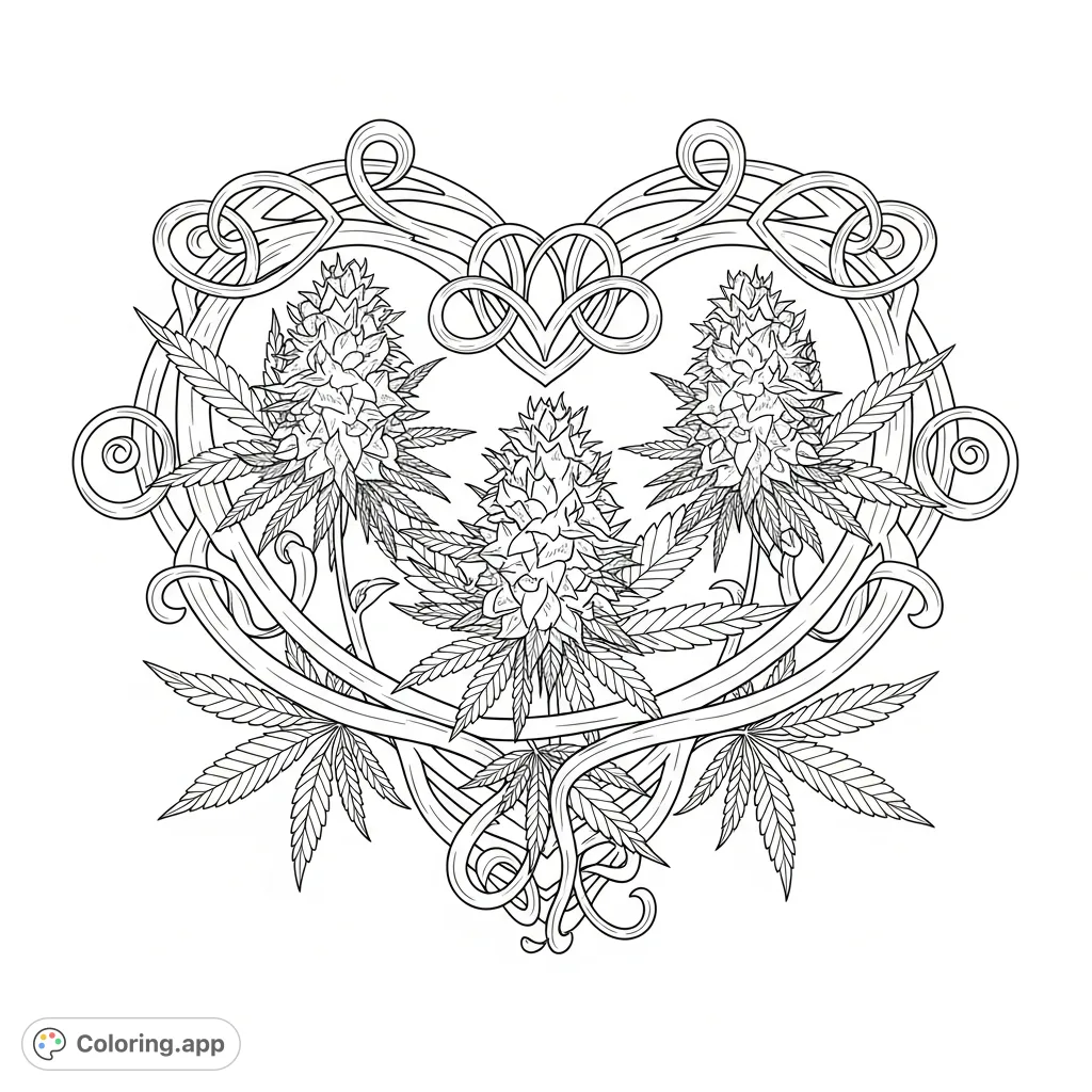 An intricate cannabis heart, formed by twisting stalks and mature leaves, reveals three bursting flowers within, framed by a delicate, spiraling tendril.