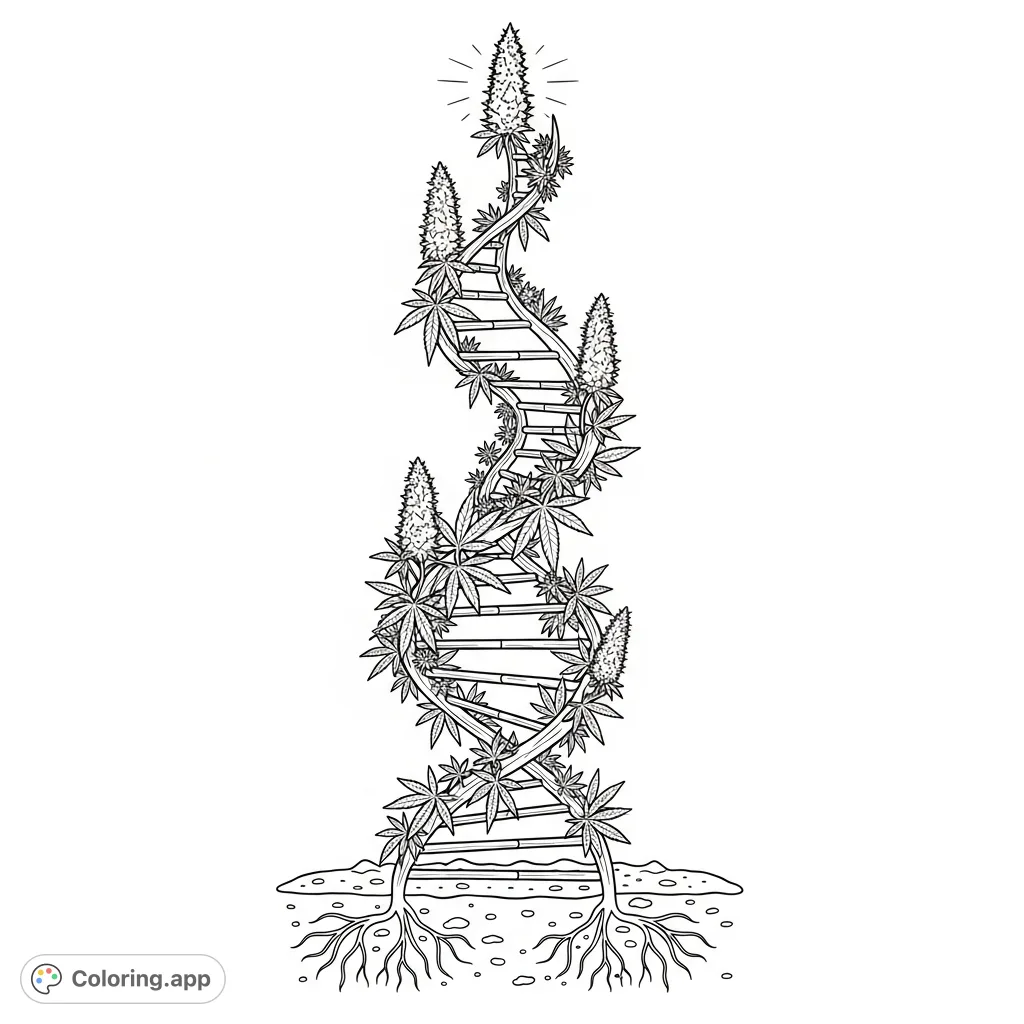 An intricate botanical double helix formed by cannabis leaves and buds, rooted in textured soil with visible root systems. Perfect for adults.
