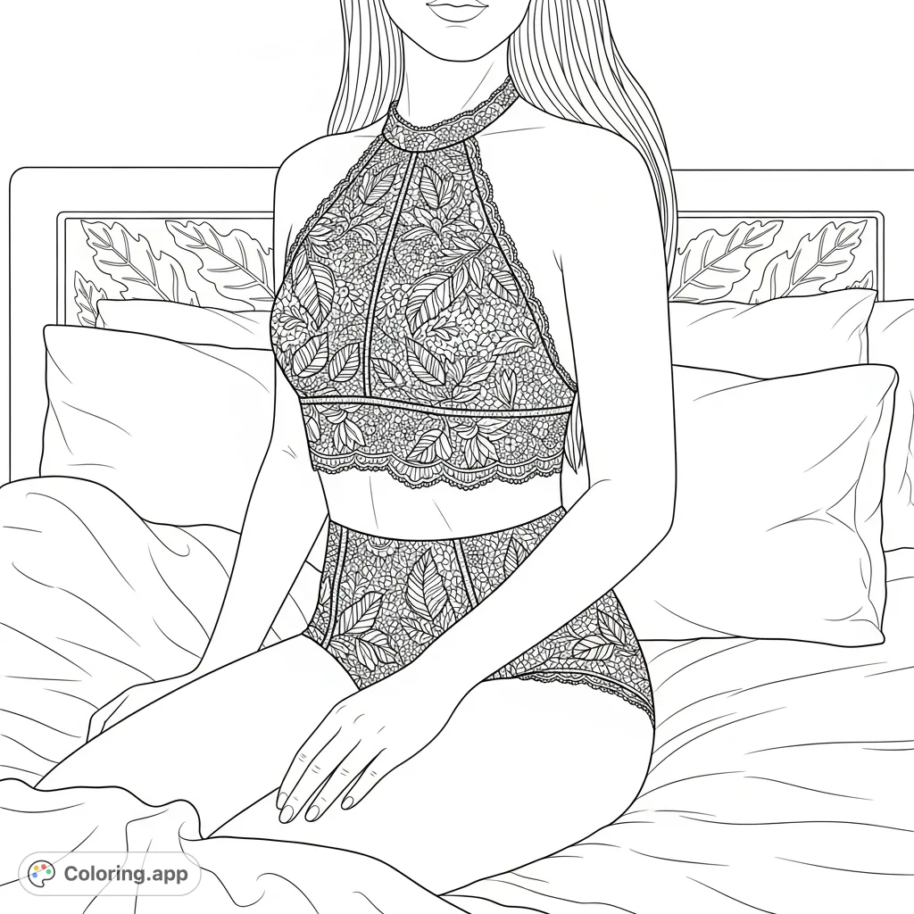 A detailed adult coloring page featuring a person in a two-piece garment with intricate cannabis lace patterns, set on a bed with subtle leaf motifs.