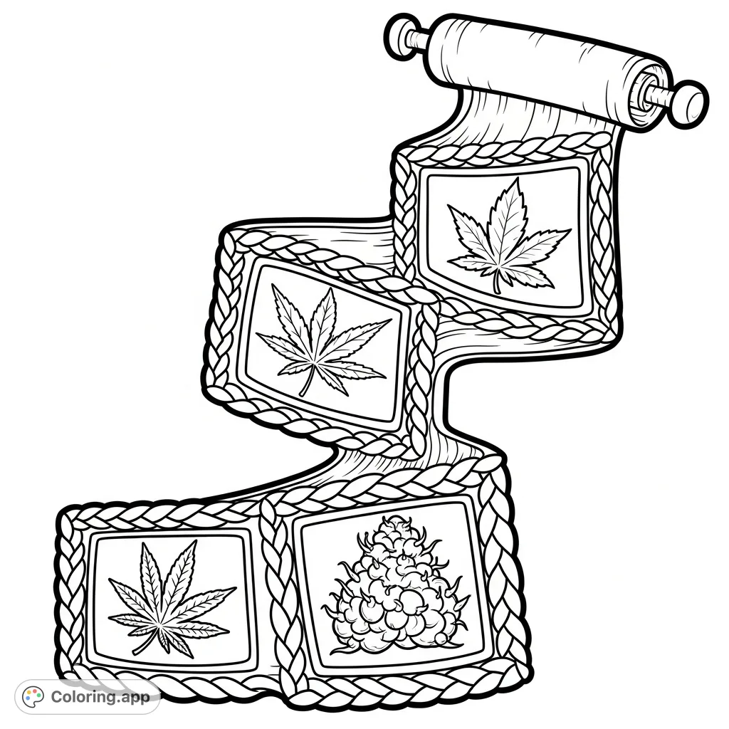 Discover a unique cannabis leaf and bud banner coloring page, featuring intricate braided borders and diverse plant designs on a flowing scroll.
