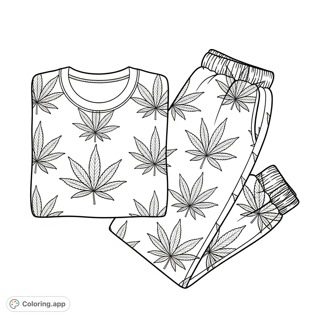 A perfectly folded matching crew-neck sweatshirt and jogger set, adorned with a stylized cannabis leaf pattern and a central leaf decal. Free printable.