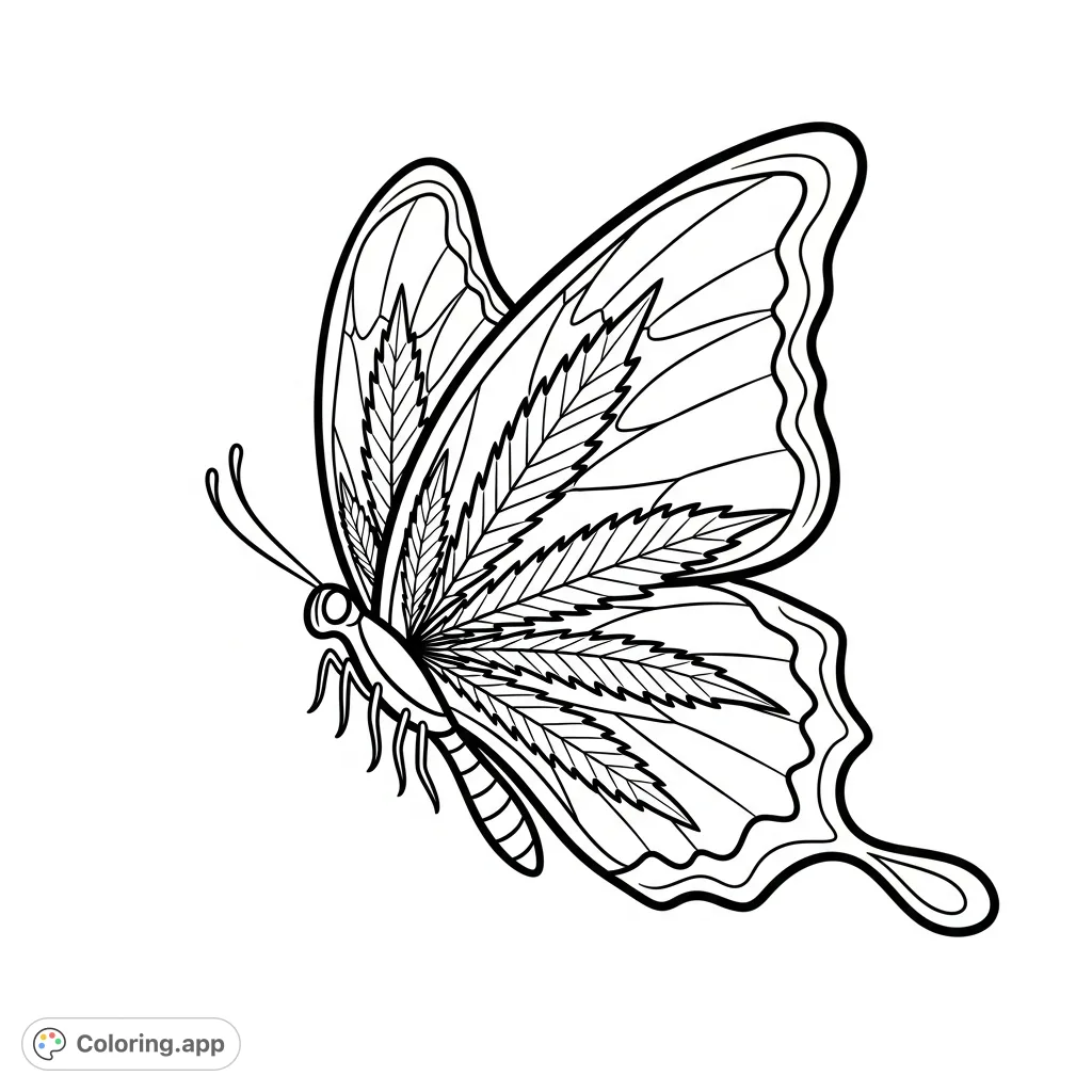 A unique butterfly design with intricate cannabis leaf patterns on its four wings and a slender body, captured in a graceful, hovering pose. Ideal for adult colorists.