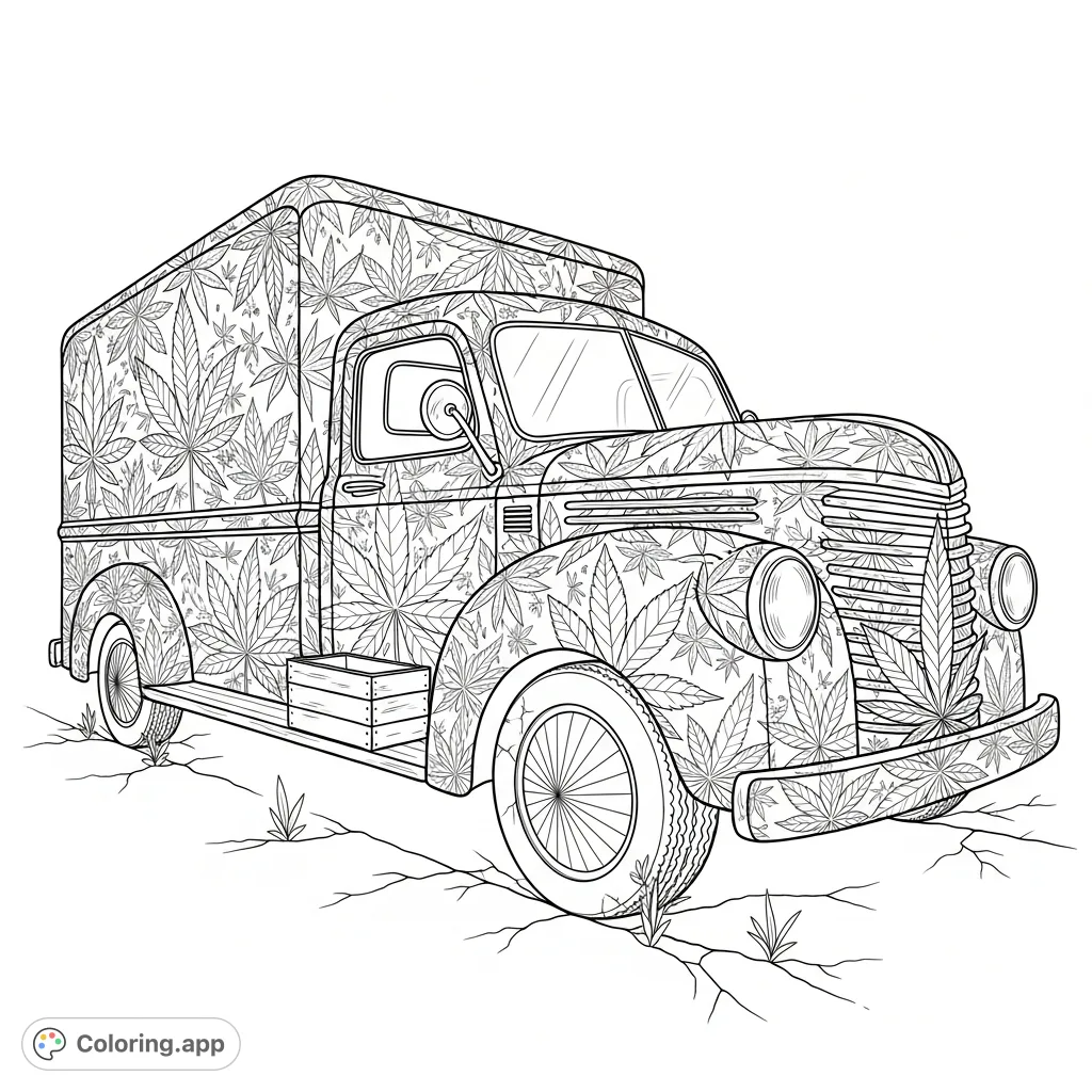 An old-fashioned delivery truck, intricately constructed from a mosaic of cannabis leaves, parked on cracked asphalt. A unique and detailed cannabis-themed coloring page.