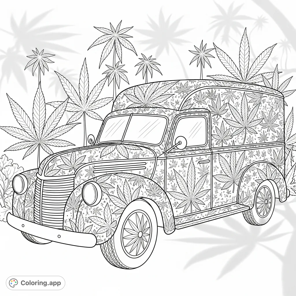 An intricate cannabis leaf delivery truck parked in a botanical garden, offering a unique and detailed cannabis leaf coloring page for adults.