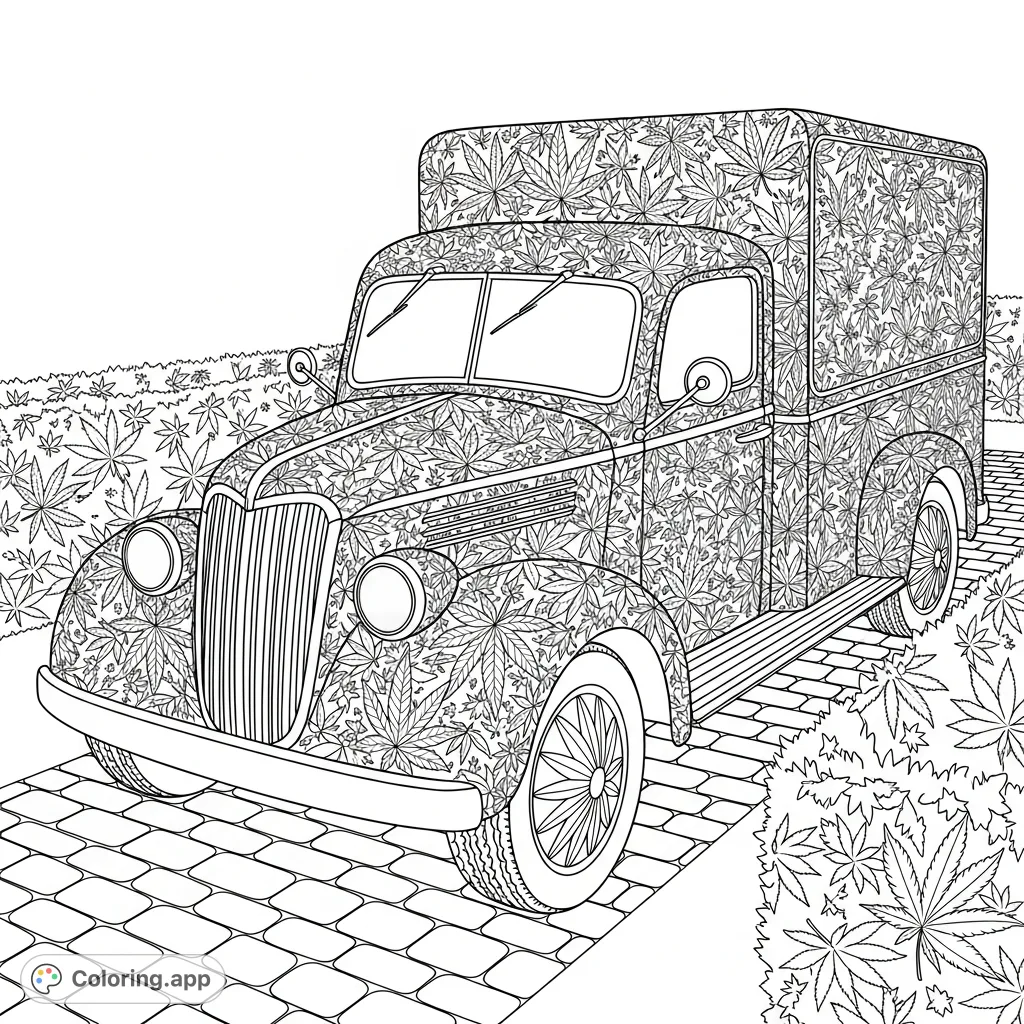 An old-fashioned delivery truck intricately crafted from a mosaic of cannabis leaves, parked on a cobblestone road, flanked by hedges with subtle leaf patterns.