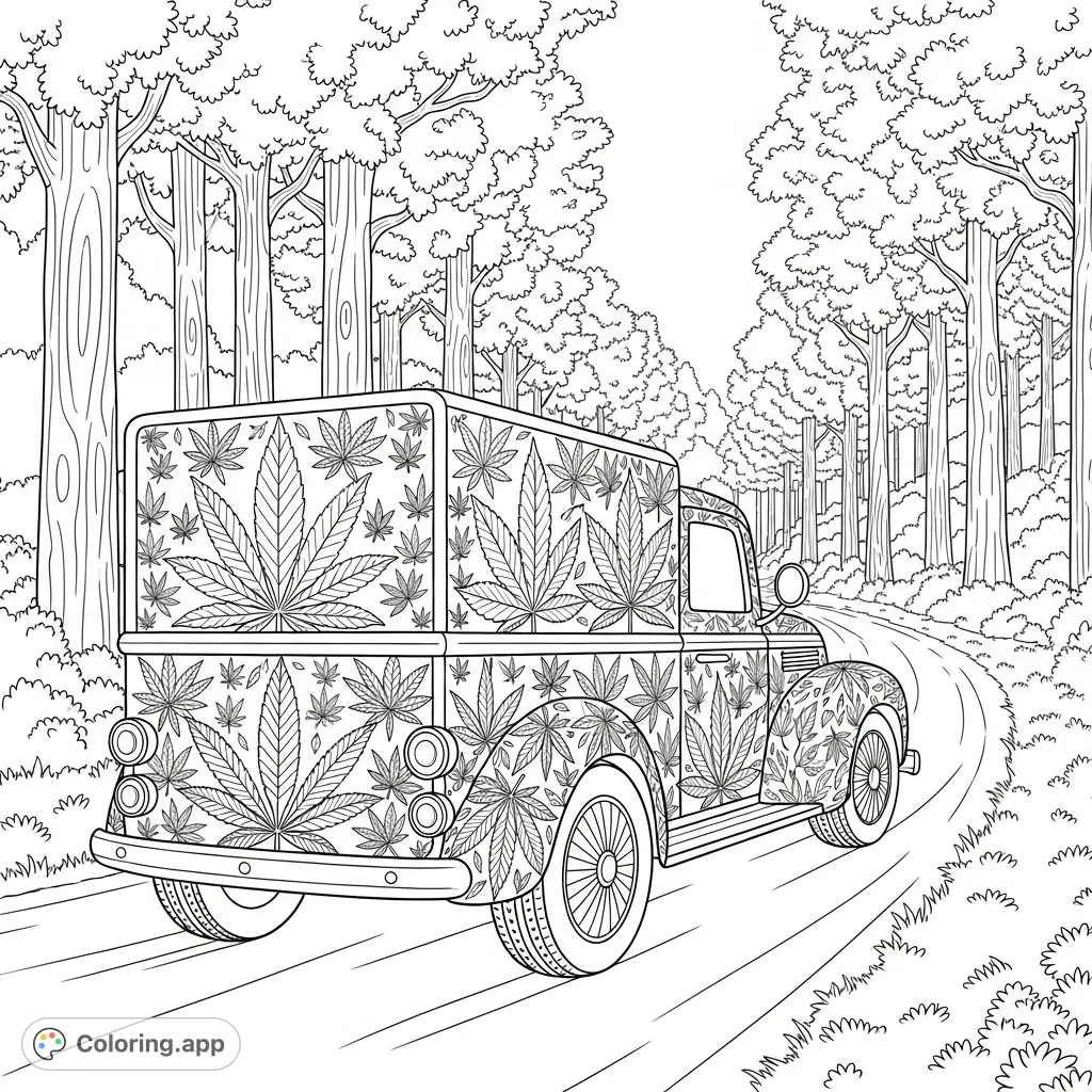 An old-fashioned delivery truck, intricately composed of a mosaic of cannabis leaves, navigates a winding forest road surrounded by lush, leaf-patterned trees.