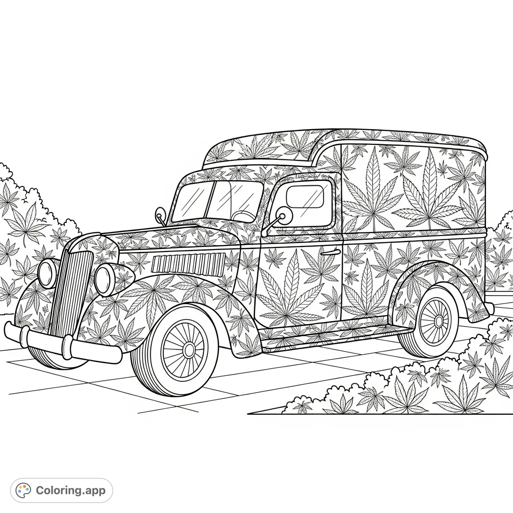 An intricate old-fashioned delivery truck crafted entirely from a mosaic of cannabis leaves, parked on a paved surface. A detailed and unique nature-inspired vehicle.