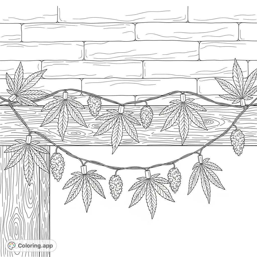Whimsical fairy lights shaped like cannabis leaves and buds adorn a rustic wooden mantelpiece, set against a textured brick wall. A unique and intricate scene for coloring.