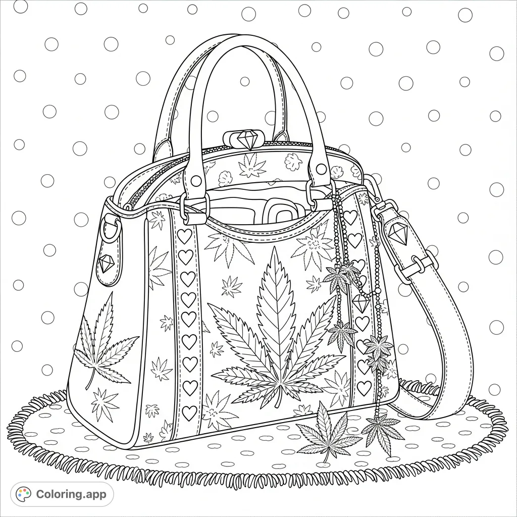Discover a unique handbag with a detailed cannabis leaf texture, adorned with delicate charms and faux diamonds, resting on a plush rug. A detailed fashion accessory coloring page.