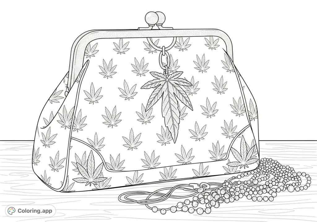 A stylish, detailed coloring page featuring an unconventional purse with embossed cannabis leaf patterns, metallic charm, and shimmering accessories.