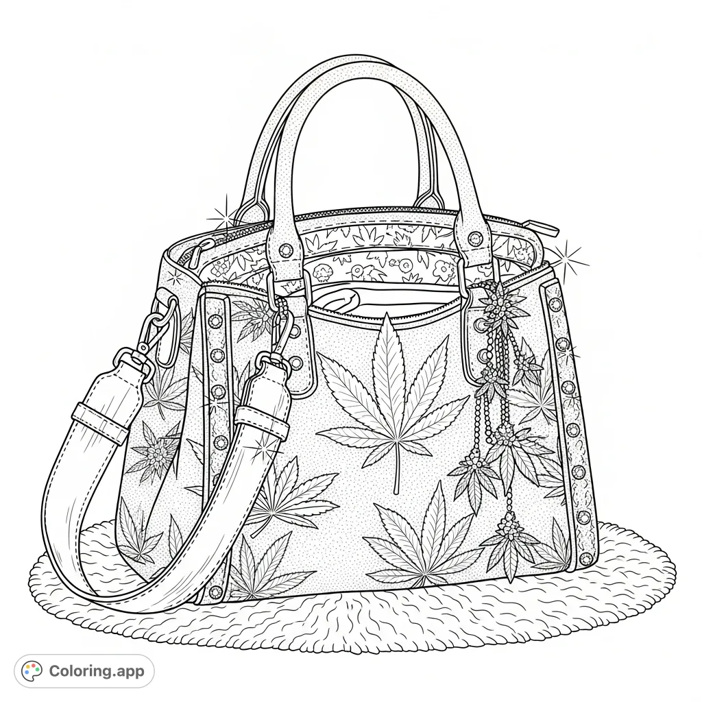 Discover a unique handbag with cannabis leaf texture, delicate charms, and sparkling faux diamonds, resting on a plush rug. A detailed design for creative expression.