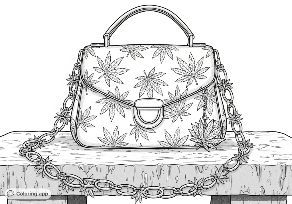 A detailed coloring page featuring a chic handbag adorned with intricate marijuana leaf patterns, resting on a stone bench, perfect for adult colorists exploring sophisticated themes.
