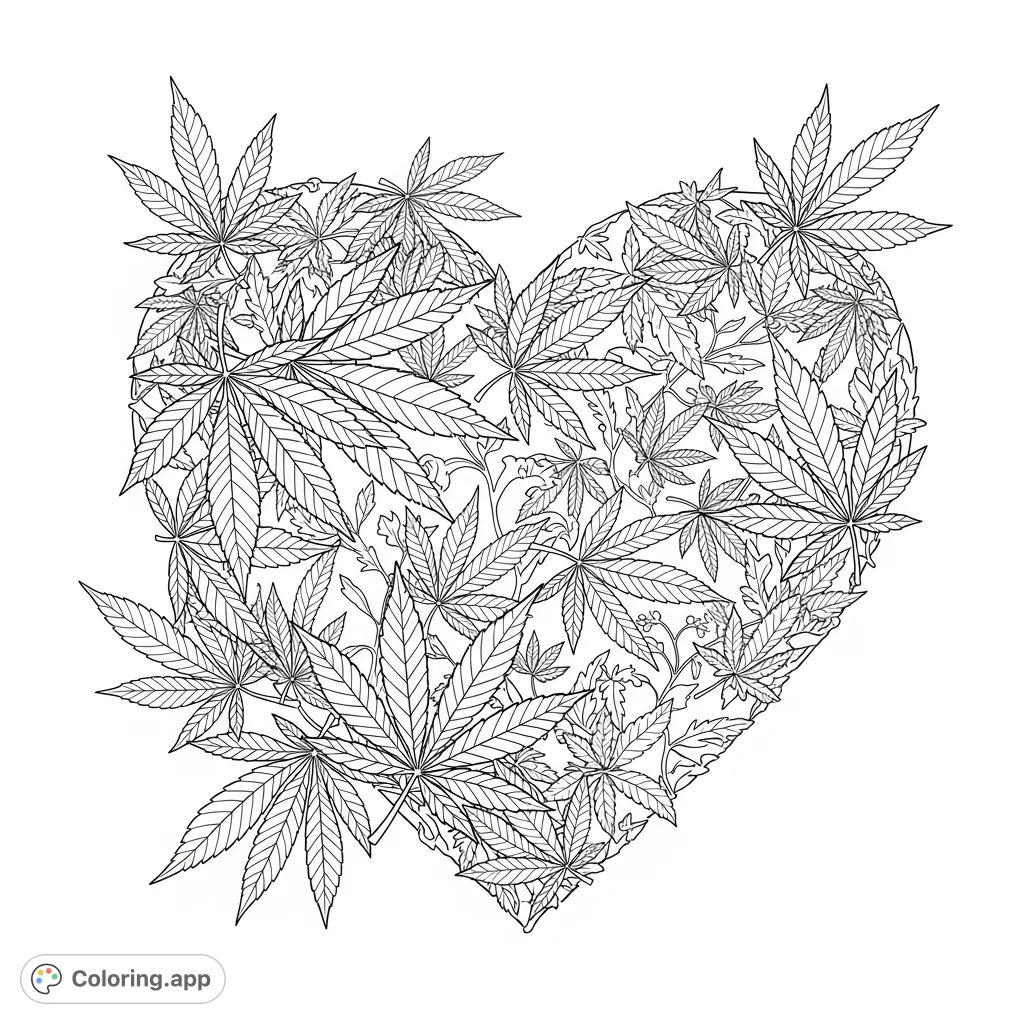 An intricate heart shape crafted from various cannabis leaves and delicate floral patterns, perfect for adult colorists seeking a detailed, calming art experience.