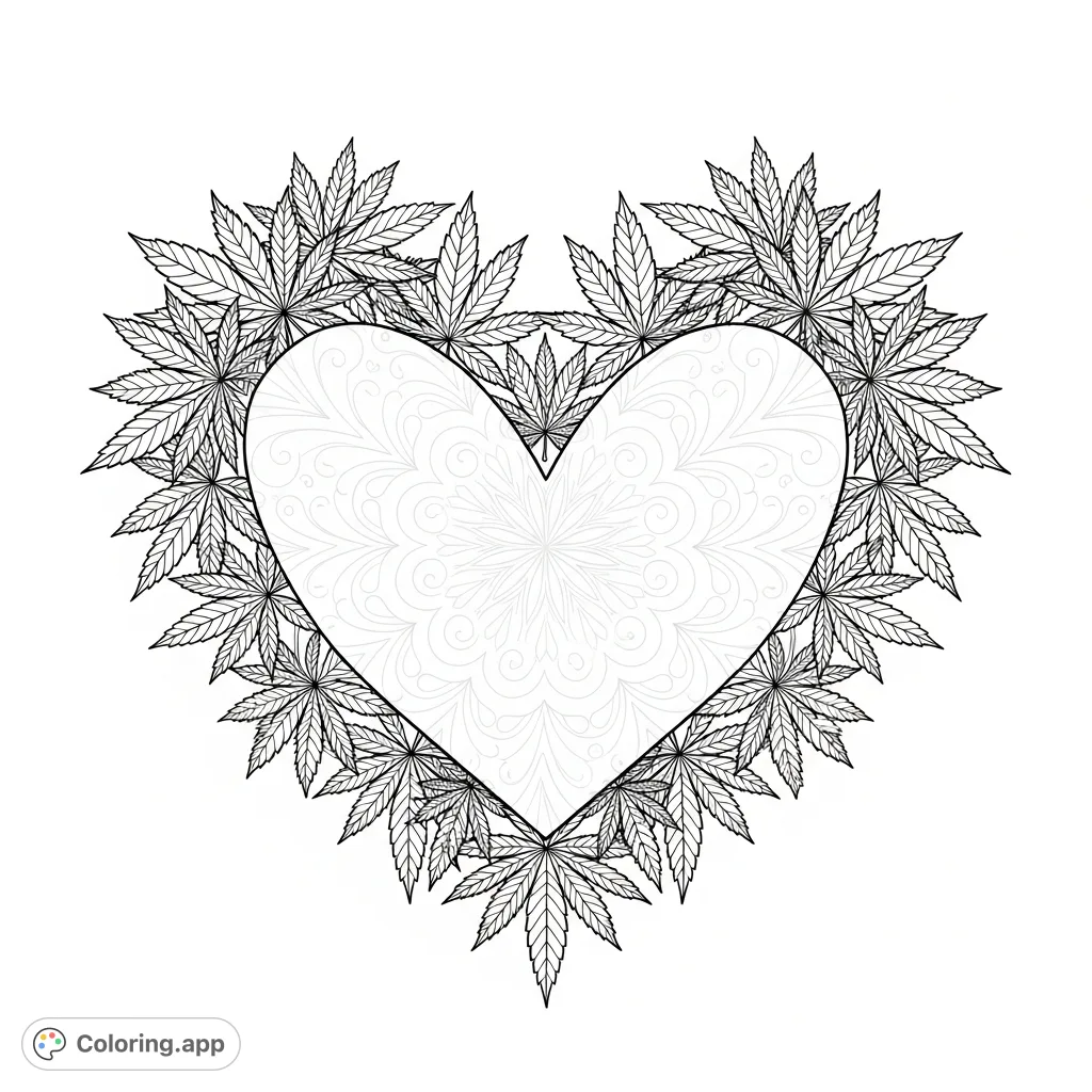 An intricate cannabis leaf heart featuring complex geometric and floral patterns, offering a detailed coloring experience for mindful relaxation.